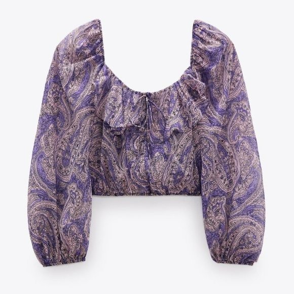 ZARA Purple NWT Cropped Sheer Blouse Top LARGE Boho Indie Floral Mauve Ruffle - Picture 3 of 9